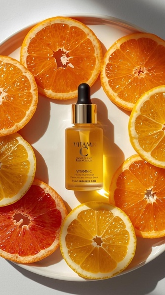 A high-quality product hero shot featuring a Vitamin C serum bottle surrounded by fresh orange and grapefruit slices on a clean, sun-drenched surface.